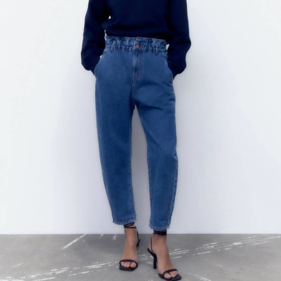 Zara Paperbag Waist Straight Leg Baggy Trendy Jeans - Picture 1 of 8